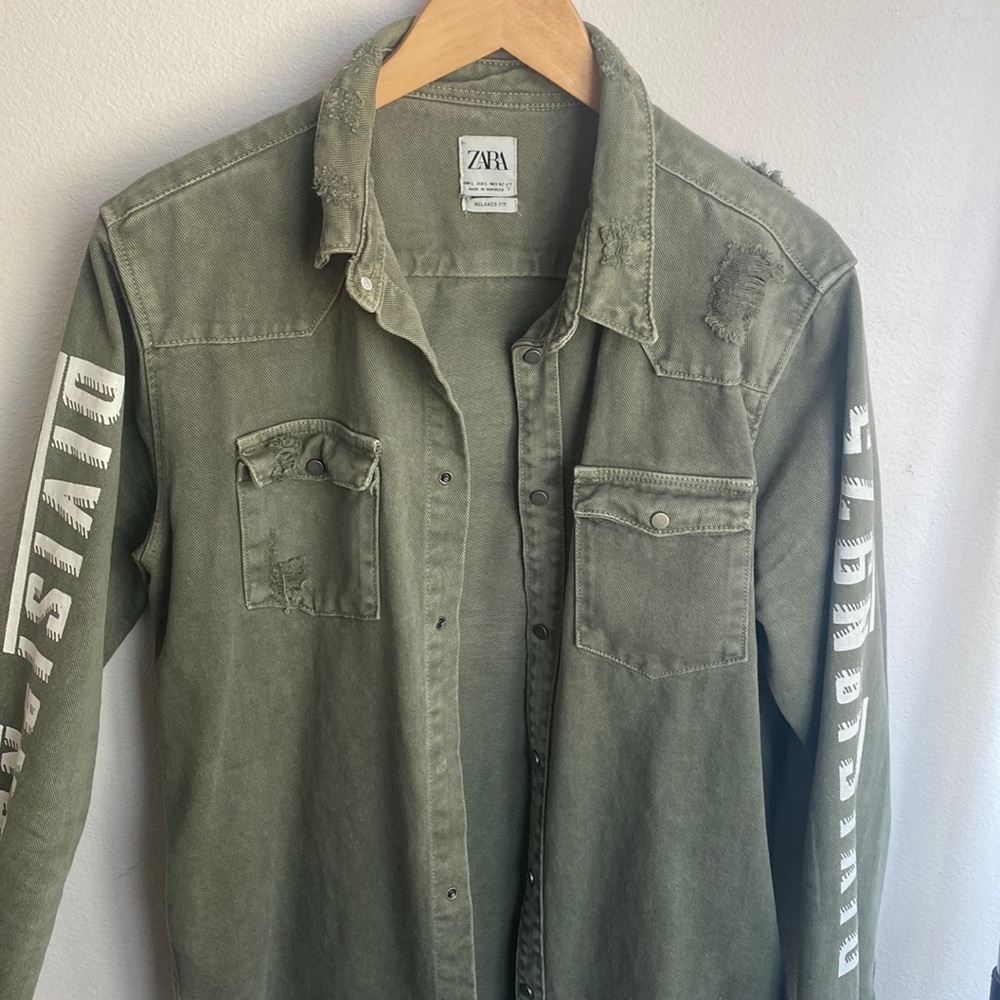 Zara green distressed denim shirt size large